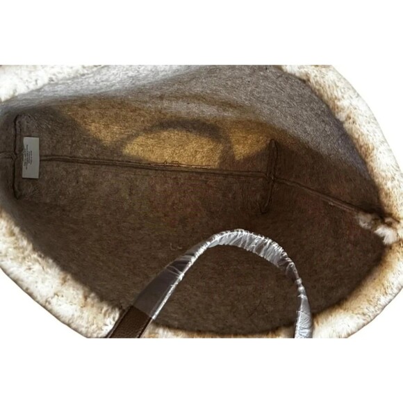Barnes & Noble Brown Cream Tote Bag Faux Fur Trim Felt Carrier Thick Strong Gift - Picture 7 of 9